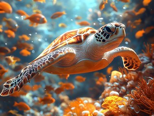 Wall Mural - Serene Sea Turtle Gliding Through Glowing Underwater Seascape with Shimmering Schools of Fish