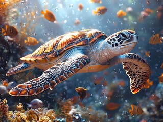 Wall Mural - Serene Sea Turtle Gliding Through Shimmering Underwater Seascape with Schools of Fish