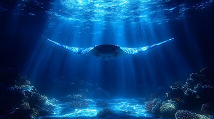 Wall Mural - Majestic Manta Ray Soaring Over Glowing Coral Reef in Vibrant Underwater Seascape