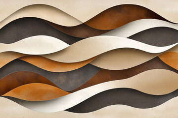Wall Mural - Abstract wallpaper design featuring flowing waves in warm tones of brown, beige, and gray creating a calming atmosphere