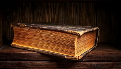 Wall Mural - A single, tattered book resting on an old wooden shelf, its pages yellowed and edges burnt