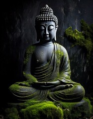 Wall Mural - A small dark stone statue of a Buddha surrounded by Dark grunge background with a rough stone, portrait