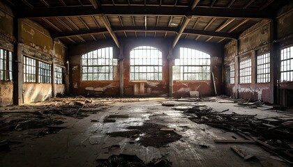 Wall Mural - Abandoned warehouse with a grungy atmosphere, broken windows, rusted metal beams, scattered debris on the dusty floor, widescreen