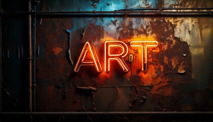 Wall Mural - Dark grunge alleyway with flickering neon sign with missing letters, attached to a rusted metal wall, glowing weakly