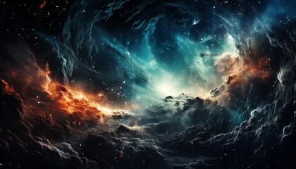 Wall Mural - Grunge cosmic background with dark nebulous clouds, glowing distressed textures