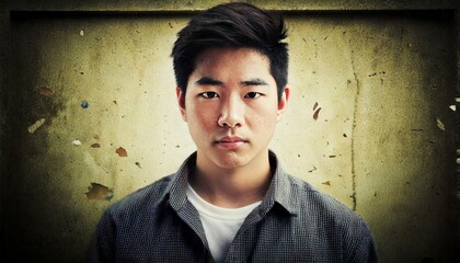 Wall Mural - Grungy picture with young Asian man, widescreen
