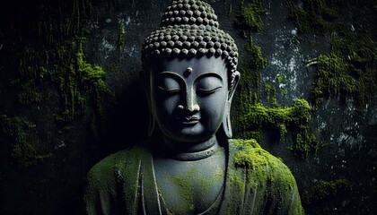 Wall Mural - A dark stone statue of a Buddha surrounded by Dark grunge background with a rough stone