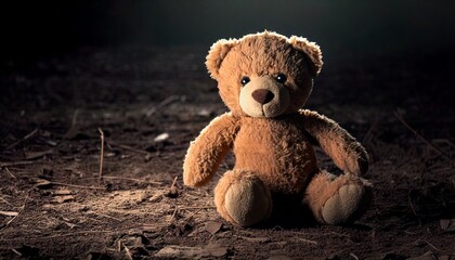 Wall Mural - a dirty abandoned teddy bear sitting on a dirty, cracked floor, covered in dust and illuminated by a soft, eerie light