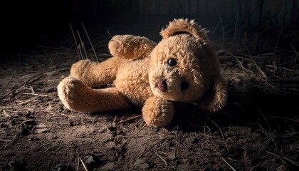 Wall Mural - a Dirty, old and torn abandoned teddy bear laying on a dirty, cracked floor, covered in dust