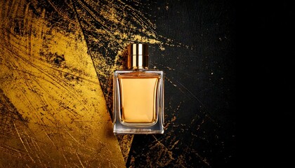 Wall Mural - a gold perfume bottle on Black and gold grunge background, luxurious yet worn-out text