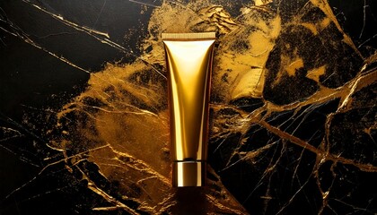 Wall Mural - a gold cosmetic tube on Black and gold grunge background, luxurious yet worn-out texture
