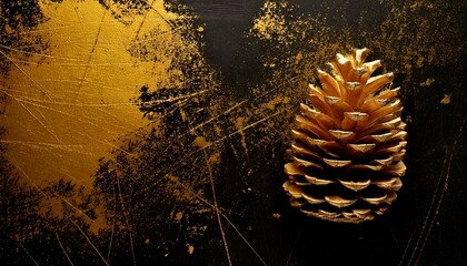 Wall Mural - a gold Pine cone on Black and gold grunge background, luxurious yet worn-out texture