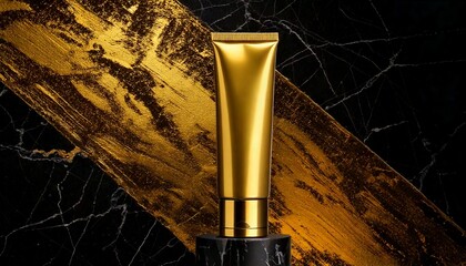 Wall Mural - a luxury gold cosmetic tube on Black and gold grunge background, luxurious yet worn-out text