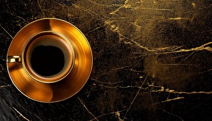 Wall Mural - a luxury gold cup of coffee on Black and gold grunge background, luxurious yet worn-out text