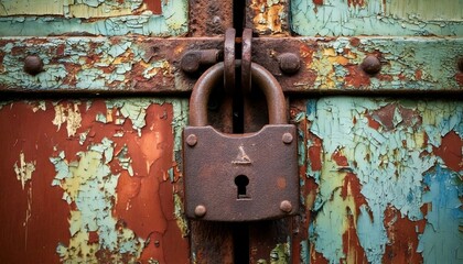 Wall Mural - A rusty padlock hanging from an old metal gate, surrounded by peeling paint