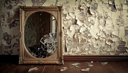 Wall Mural - A shattered mirror leaning against a damp, peeling wallpapered wall, reflecting distorted, eerie shapes