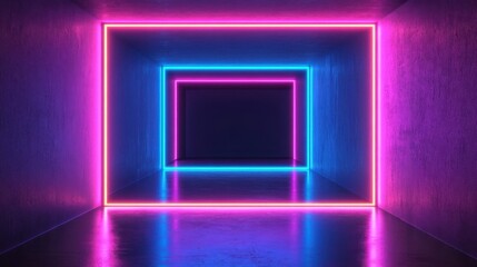 Poster - A modern neon lit tunnel with square geometric frames