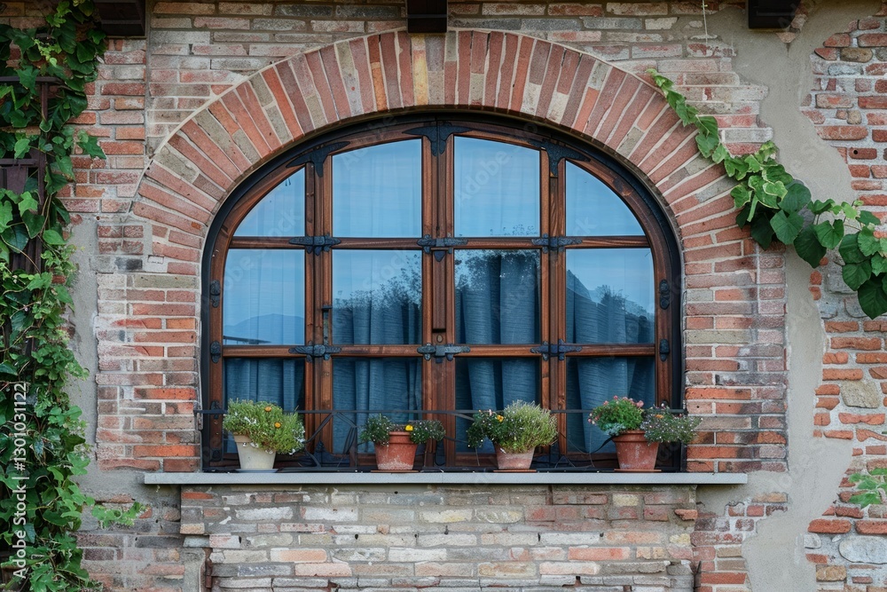 Photo of Red brick wall and arched window of classical european ...