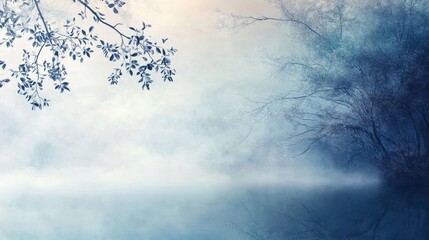 Poster - An ethereal blue landscape featuring foliage over calm reflective water