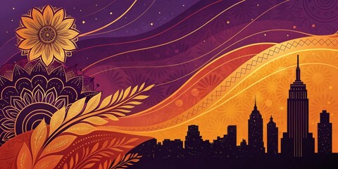 Poster - A bold, abstract background with rich gradients of deep purple, orange, and gold, creating a dramatic and artistic feel