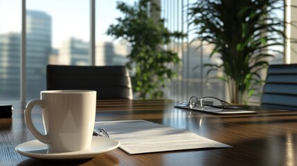 Poster - A detailed view of an office table and windowed background
