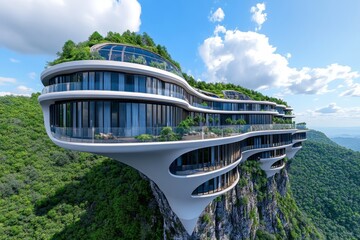 Poster - A futuristic city built with advanced anti-landslide technology, using force fields to stabilize mountains