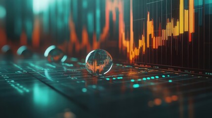 Poster - Financial market data analytics reflected in a crystal sphere on display