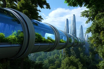 Poster - A futuristic city with advanced air purification systems combating thick smog