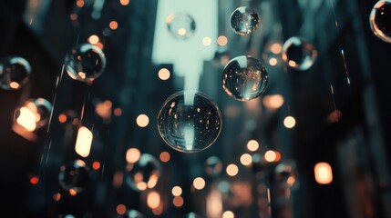 Poster - Transparent suspended spheres reflecting light in a dark space