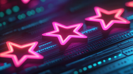 Poster - Neon pink stars glowing on futuristic circuit board background, creating vibrant atmosphere. Quality is King