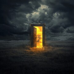 Aufkleber - Gateway to Radiance: An Open Door Shimmers Against a Dark Field Under a Stormy Sky, Promising a Brighter Tomorrow