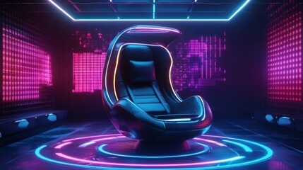 Poster - A futuristic gaming chair sits centered in a neon lit environment