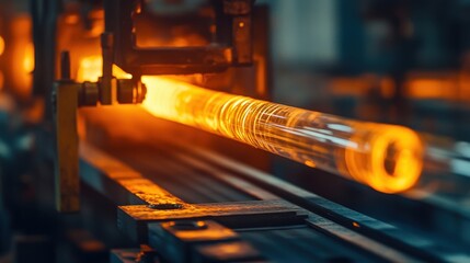 Poster - A long hot glass tube being manufactured in a factory