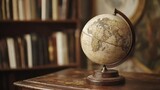 An antique world globe sits on a wooden table indoors near books