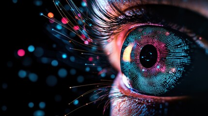 Poster - A close-up of a colorful, digitally-enhanced eye, surrounded by vibrant particles, emphasizing technology, vision, and digital art.