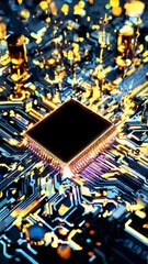 Poster - Circuit board pathways illuminate around glowing cpu core. Neon orange processor chip radiates against deep blue electronic landscape. Seamless vertical loop