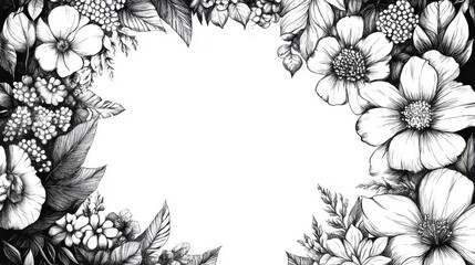 Poster - Elegant black and white illustration of various floral elements
