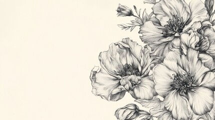 Poster - Detailed monochromatic pencil drawing of several blooming flower blossoms