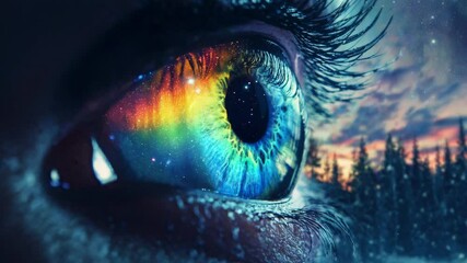 Wall Mural - woman eye reflecting colorful nebula and snowy winter forest