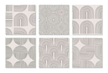 set of trendy minimalist seamless pattern with abstract creative artistic hand drawn composition