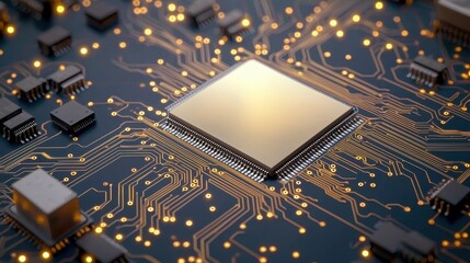 Poster - Semiconductor circuit board with microchips Concept, Polished Circuit Board with Reflecting Microchips and Intricate Gold Connections in a High-Tech Environment
