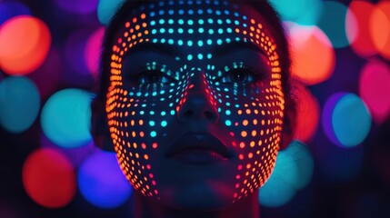 Poster - Music Festival Crowd concert vibe concept. A vibrant face adorned with colorful light patterns stands against a backdrop of glowing bokeh, creating a mesmerizing and artistic visual experience.