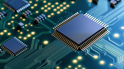 Poster - Semiconductor circuit board with microchips Concept, Close-up View of a Shining Green Circuit Board with Metallic Components and Intricate Pathways