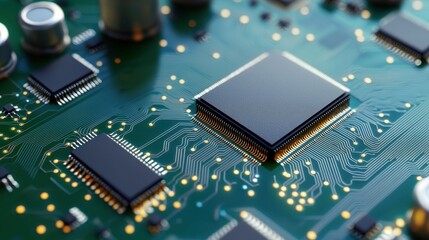 Poster - Semiconductor circuit board with microchips Concept, Close-Up View of a Shining Metallic Green Circuit Board with Standard Components and Traces