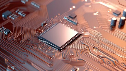 Poster - Semiconductor circuit board with microchips Concept, Polished Semiconductor Circuit Board with Clean Metal Finish and Intricate Pathways in Electronics Design
