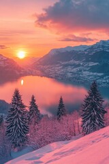 Wall Mural - Snowy Mountain Range Sunset