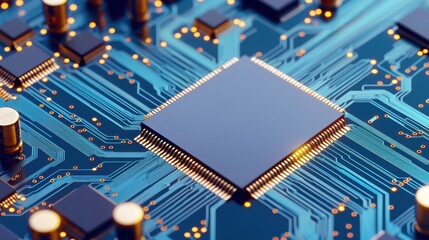 Poster - Semiconductor circuit board with microchips Concept, Glowing blue semiconductor circuit board with intricate details and vibrant electronic components