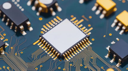 Poster - Semiconductor circuit board with microchips Concept, Detailed Close-Up of Gold Plated Semiconductor Circuit Board with Precise Component Arrangement