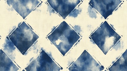 Wall Mural - A blue and beige pattern with indigo ink splashes, on a cream background. The design features stylized diamond shapes with watercolor washes