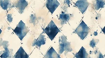 Wall Mural - A blue and beige pattern with indigo ink splashes, on a cream background. The design features stylized diamond shapes with watercolor washes